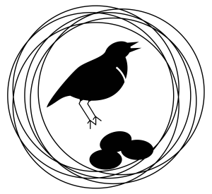 black and white vector drawing of a meadowlark bird floating in a stylized nest with eggs at the bottom