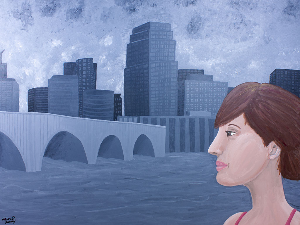 painting of a woman in front of a cityscape