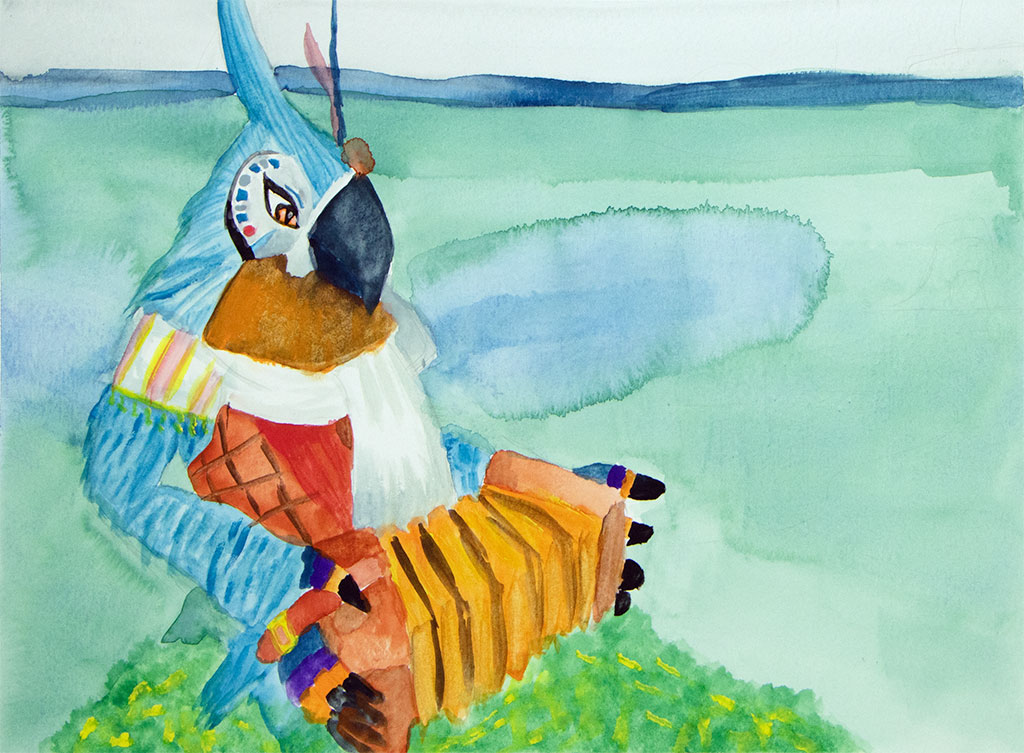 watercolor painting of a bird playing the accordion
