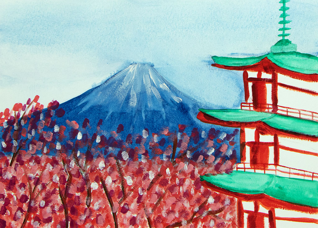 mountain by sakura trees and a Japanese building