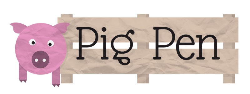 Landscape logo of a pig and paper texture with the words "Pig Pen"
