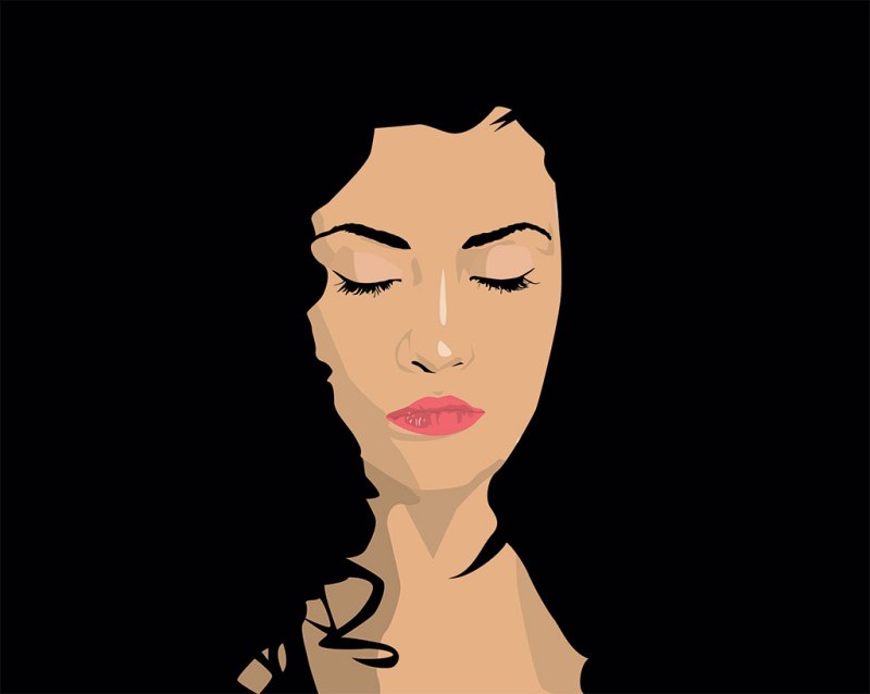 woman with eyes closed and black hair flowing around her face