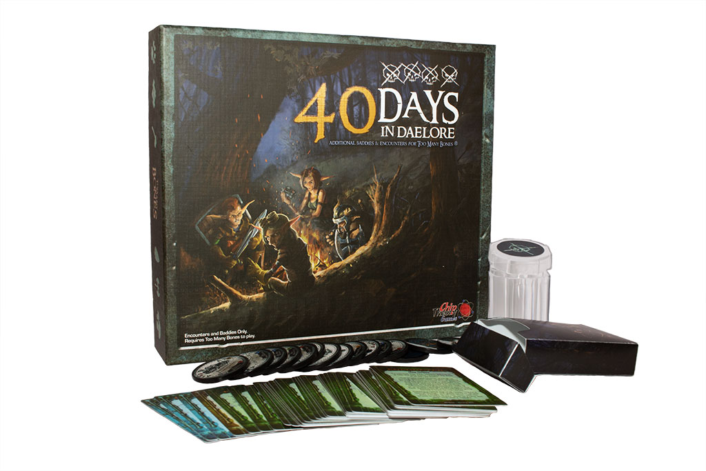 board game 40 Days showing box, cards, chips, chip holder, and tuck box