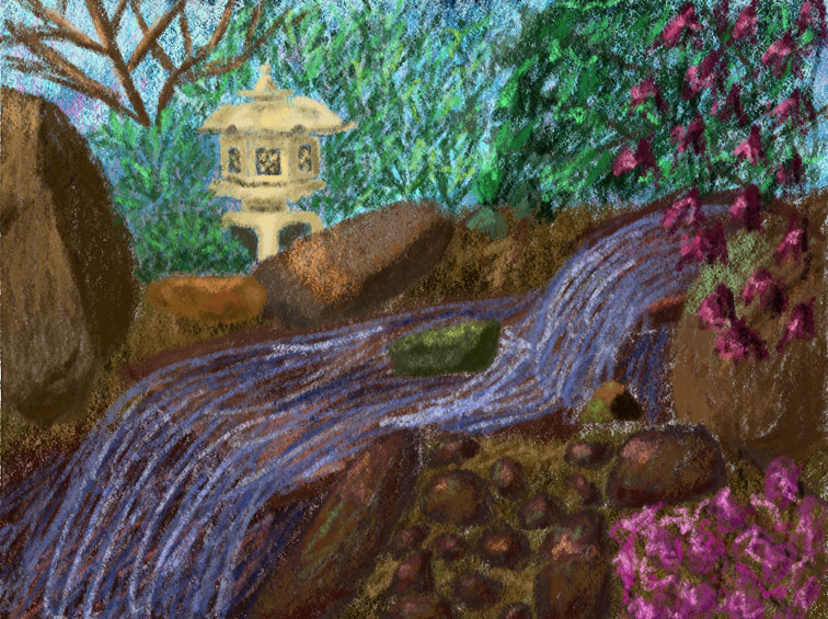 Digital panting of a small waterfall in nature