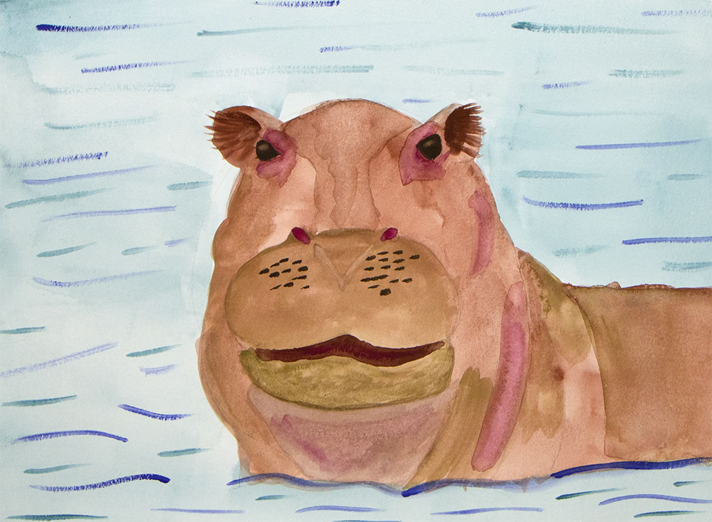 gouache painting of a hippopotamus in water