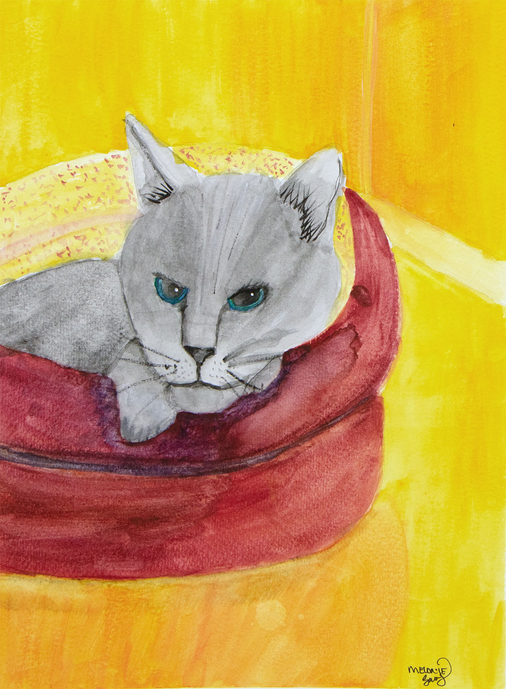gouache painting of a gray cat in a burgundy cat bed