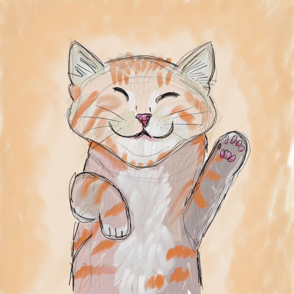 colored sketch of happy cat on back