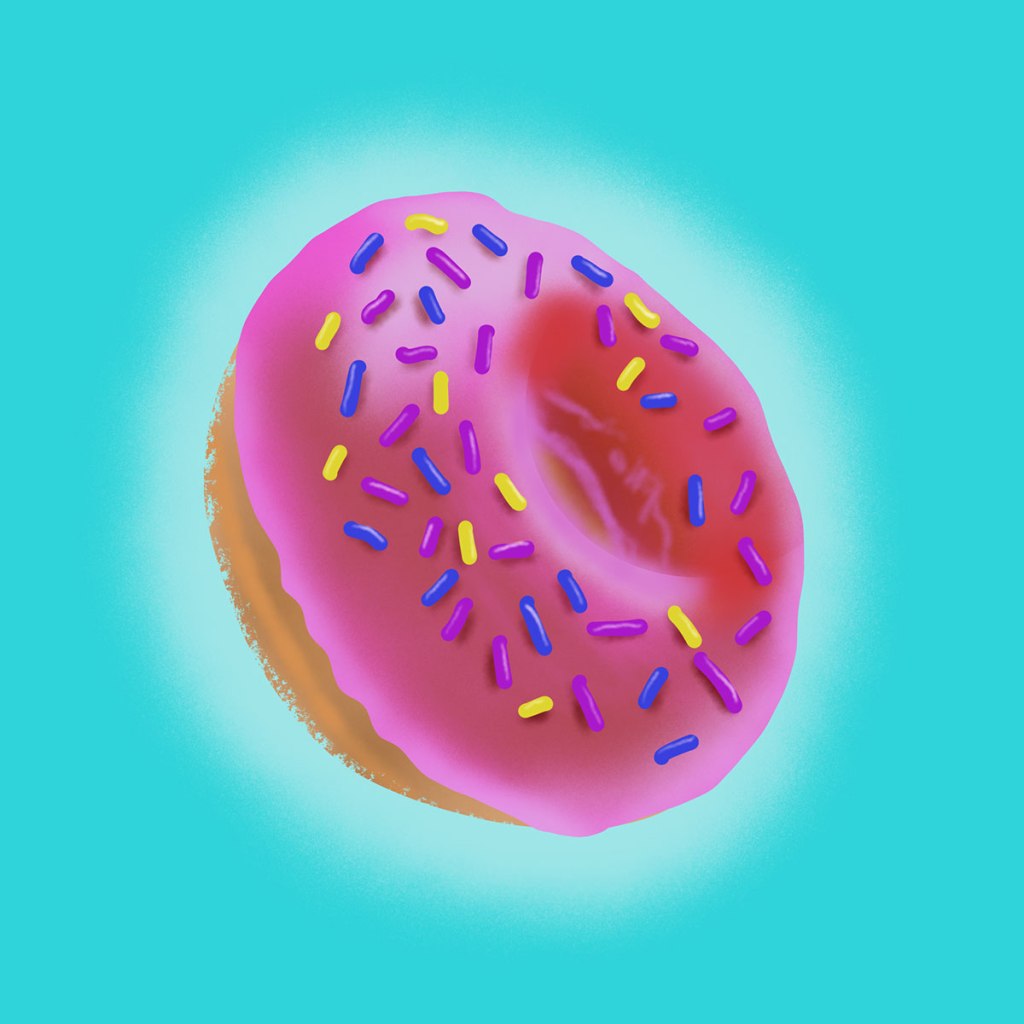 digital drawing of a pink frosted donut on a bluish background