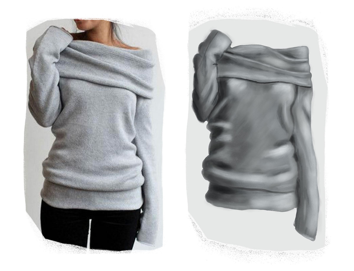 digital drawing of a sweater next to the reference image