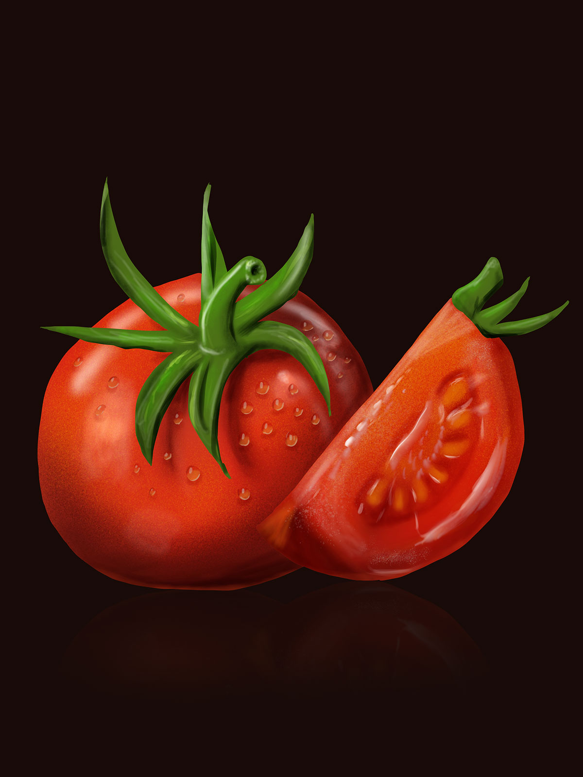 digital drawing of a full tomato and a sliced tomato